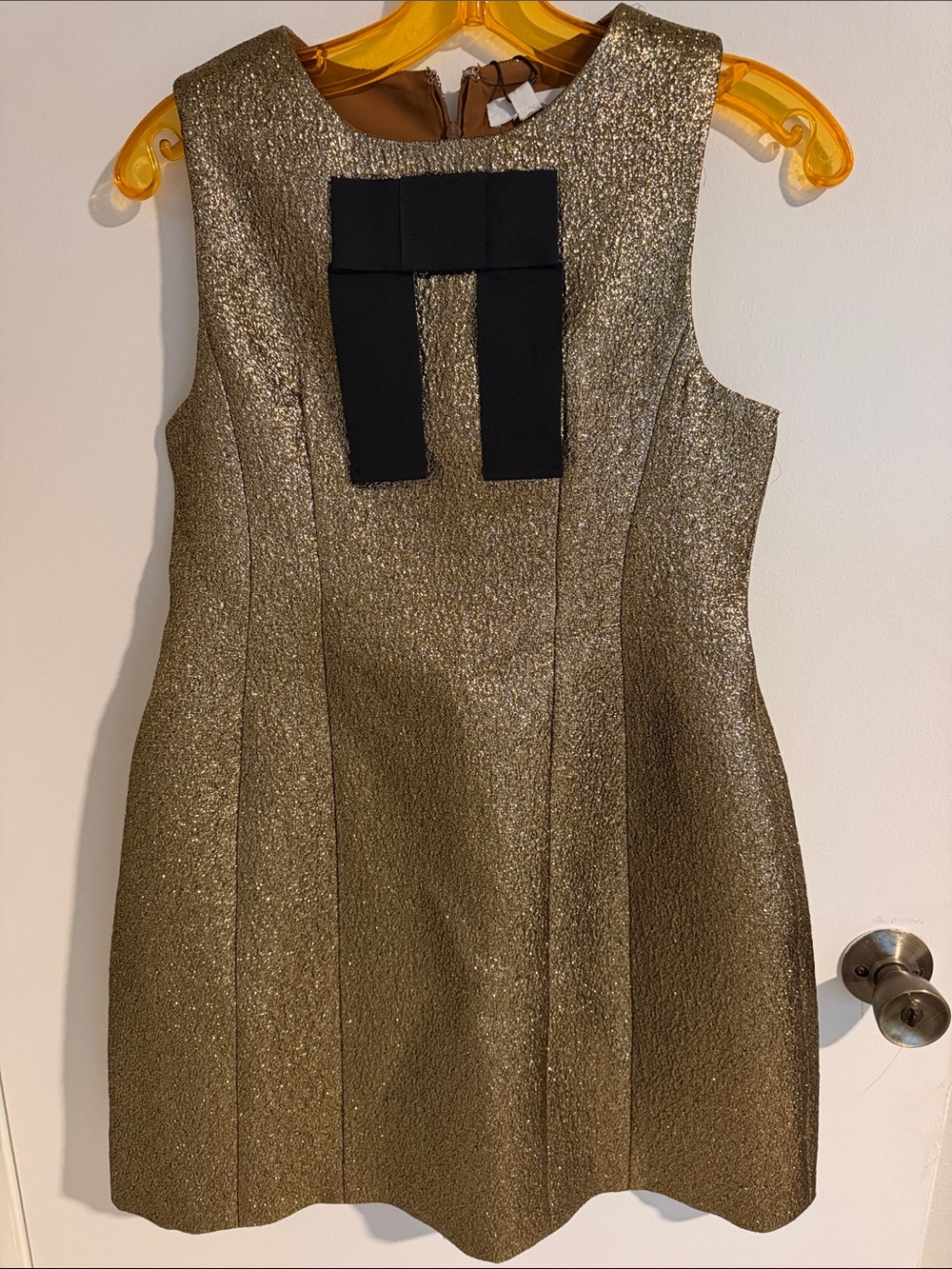 Girls' Gold Metallic Formal Dress with Black Bow